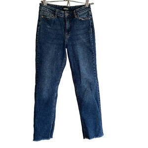 BUFFALO David Bitton Semi High Rise Slim Straight Dark Wash Distressed Hem Jeans